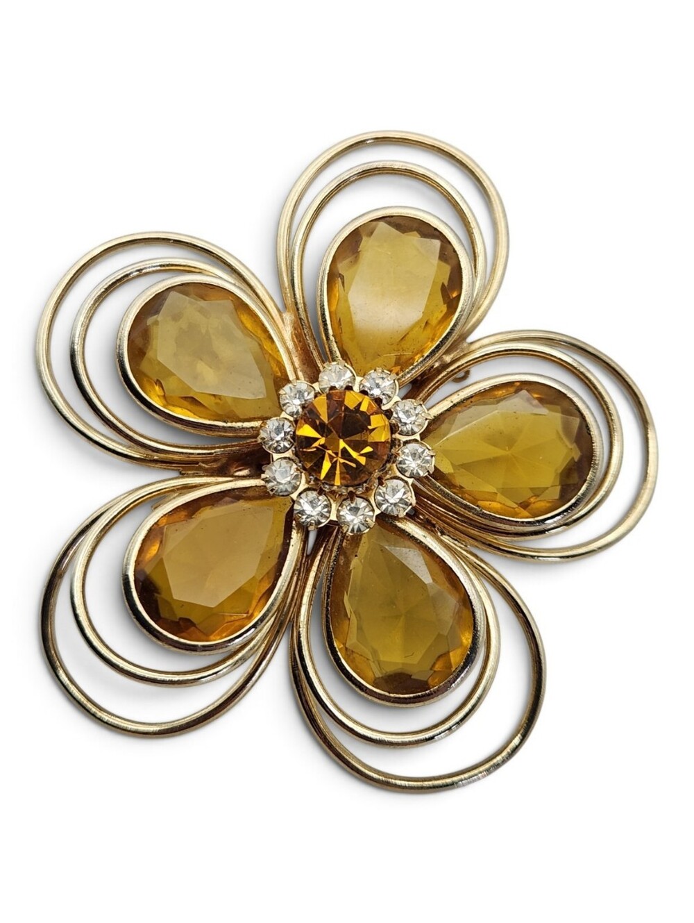 Large Vintage Golden Topaz Rhinestone Flower Brooch Pin